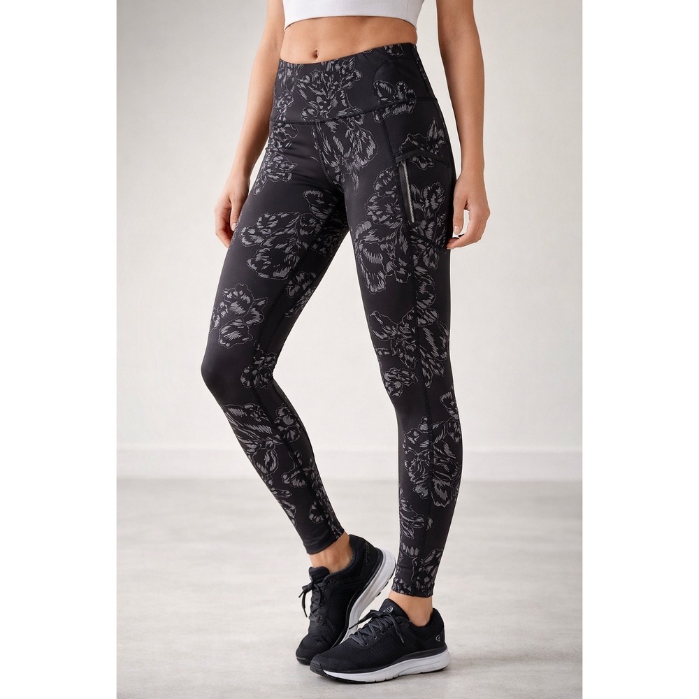 Athleta Rainier Reflective Tight Floral‎ Black Silver Leggings Large Pockets